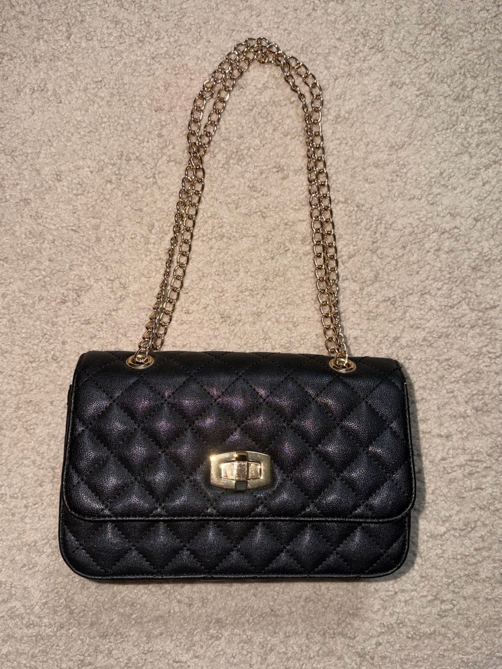 Express Women’s Black Quilted Crossbody Bag with Gold Chain